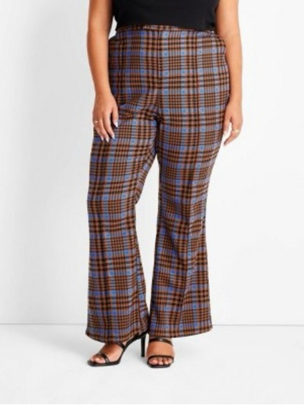 Plus-Size Plaid Boot-Cut Pants in Brown & Blue
